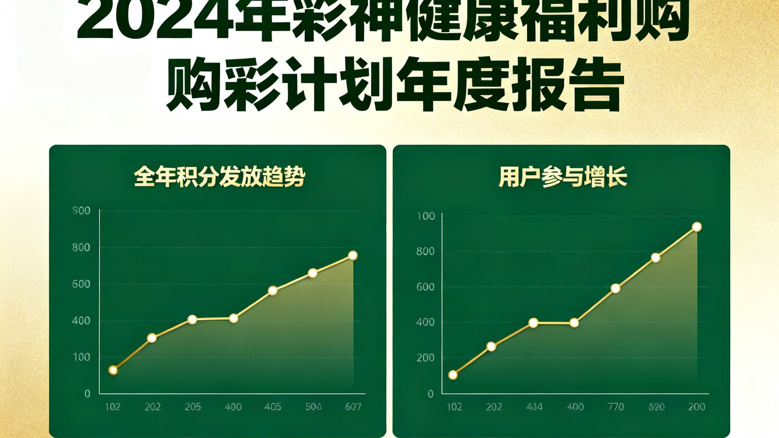 2024年彩神健康福利购彩计划年度报告封面图，图表展示了全年积分发放趋势和用户参与增长曲线，设计采用绿金配色，突显数据成果。
