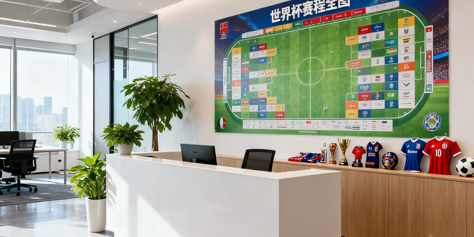 球程导航北京办公室前台接待区，背景墙上展示着大型世界杯赛程全图海报，接待台旁摆放着绿植和球队周边纪念品，环境明亮现代。