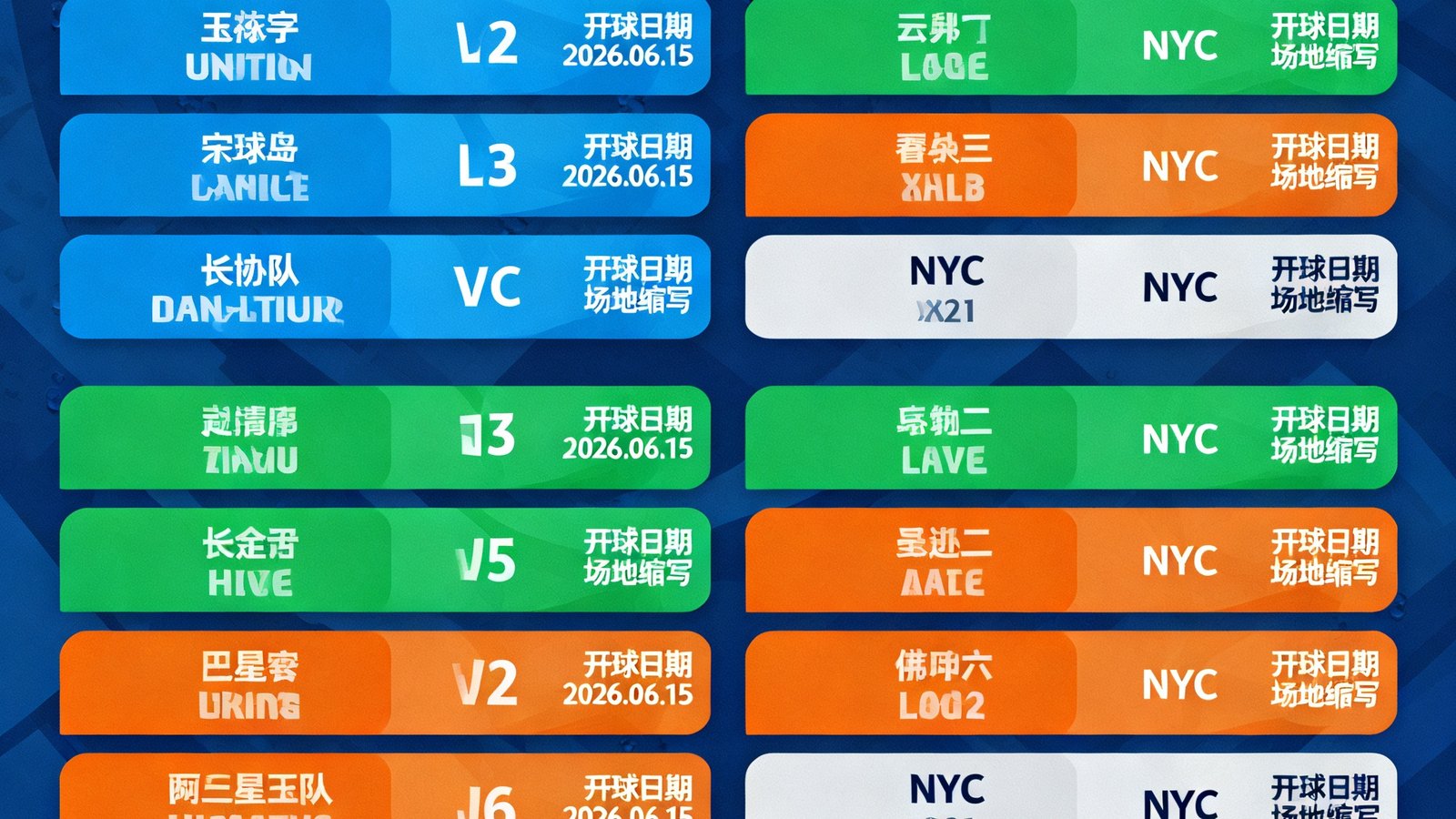 2026世界杯小组赛赛程对阵表，12个小组每组4支球队，用不同颜色标识各小组，标注了开球日期和场地缩写，底部附有晋级规则说明。