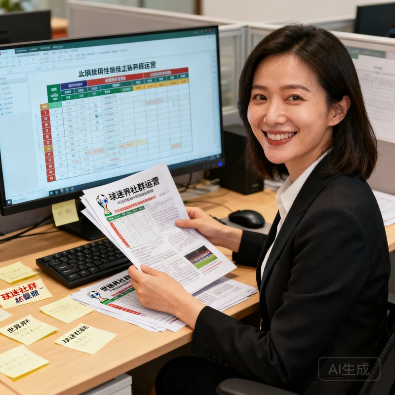 赵曼丽，内容运营编辑，笑容亲切的女性，坐在电脑前整理世界杯赛程相关资讯文章，负责球迷社群内容分发。
